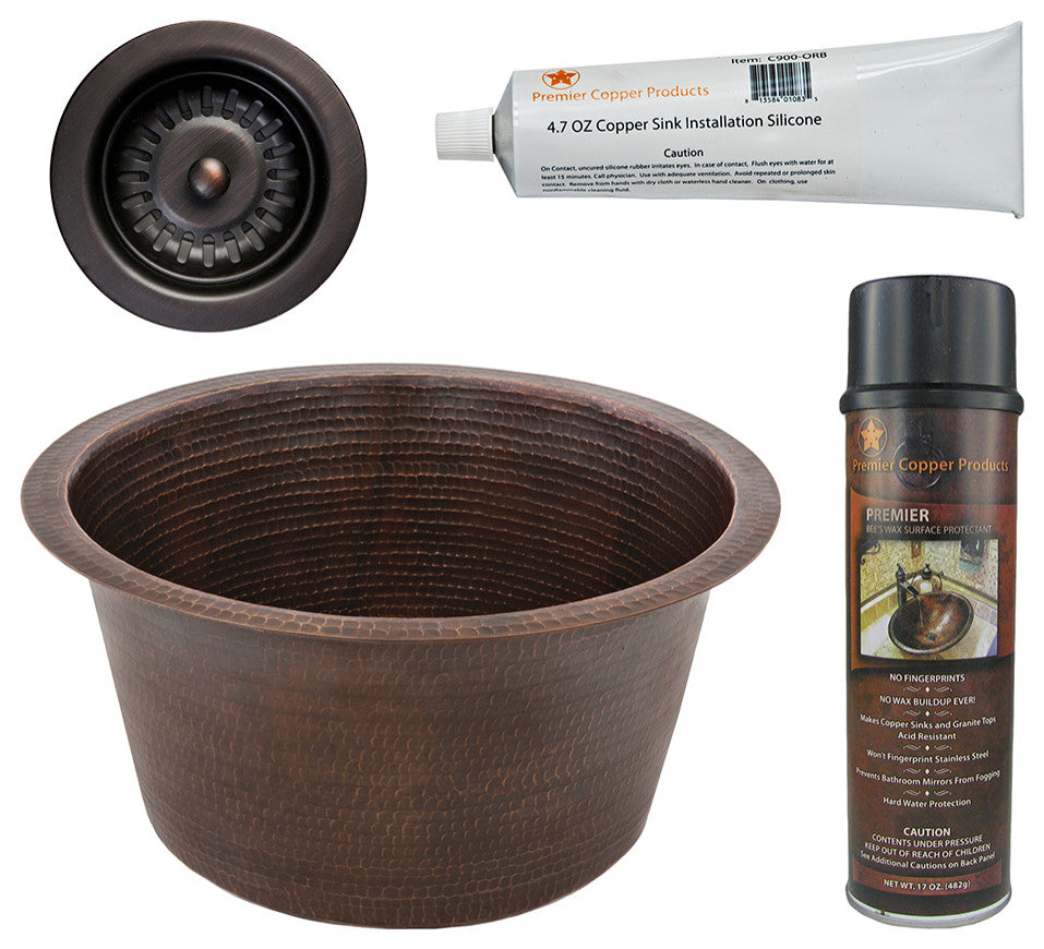 17" Large Round Hammered Copper Bar/Prep Sink, Drain & Accessories