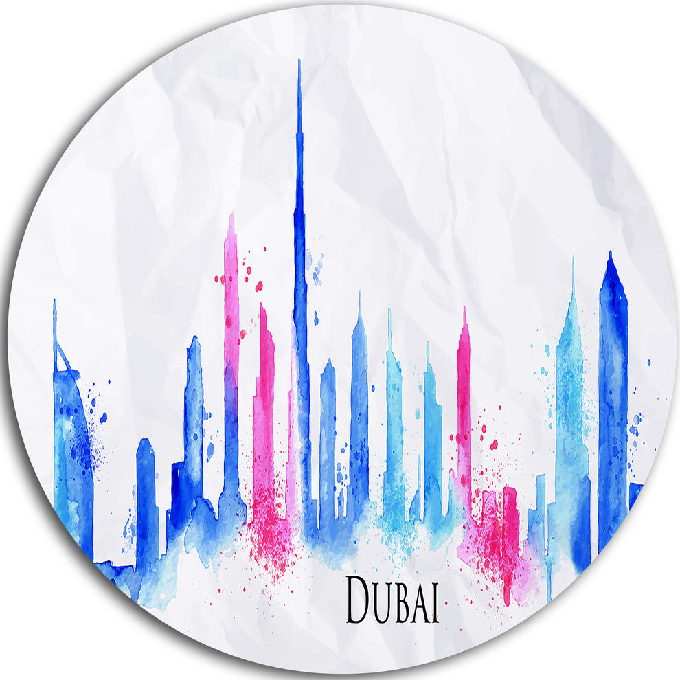 Colorful Dubai Silhouette, Cityscape Painting Disc Metal Artwork, 36"