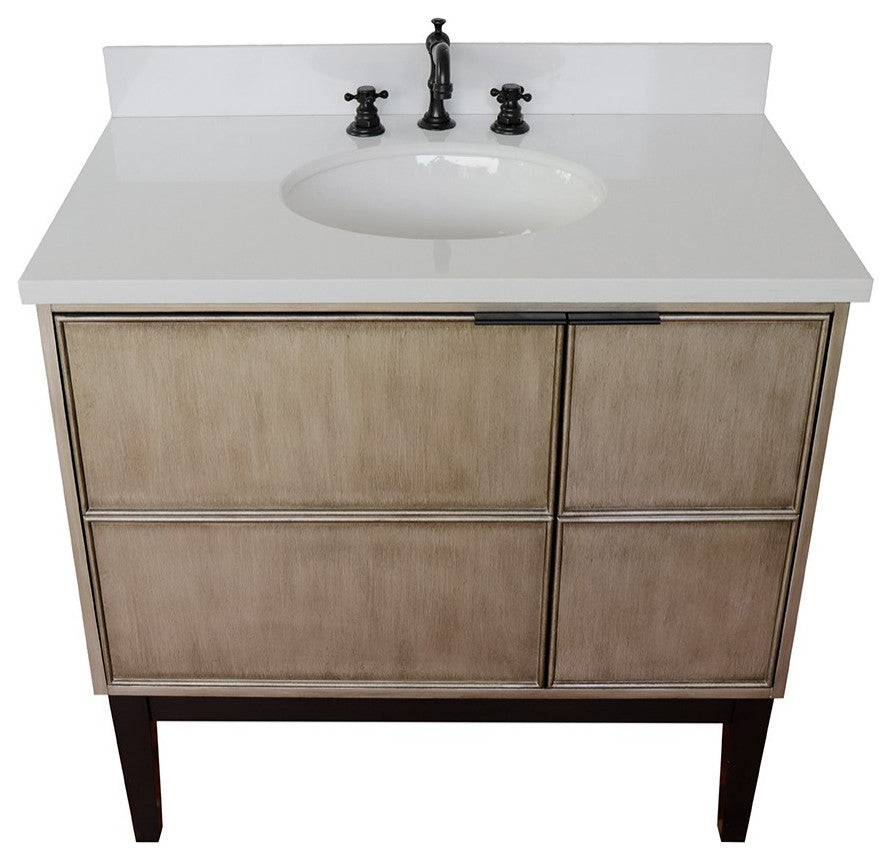 37" Single Vanity, Linen Brown Finish With Engineered Stone Top And Oval Sink