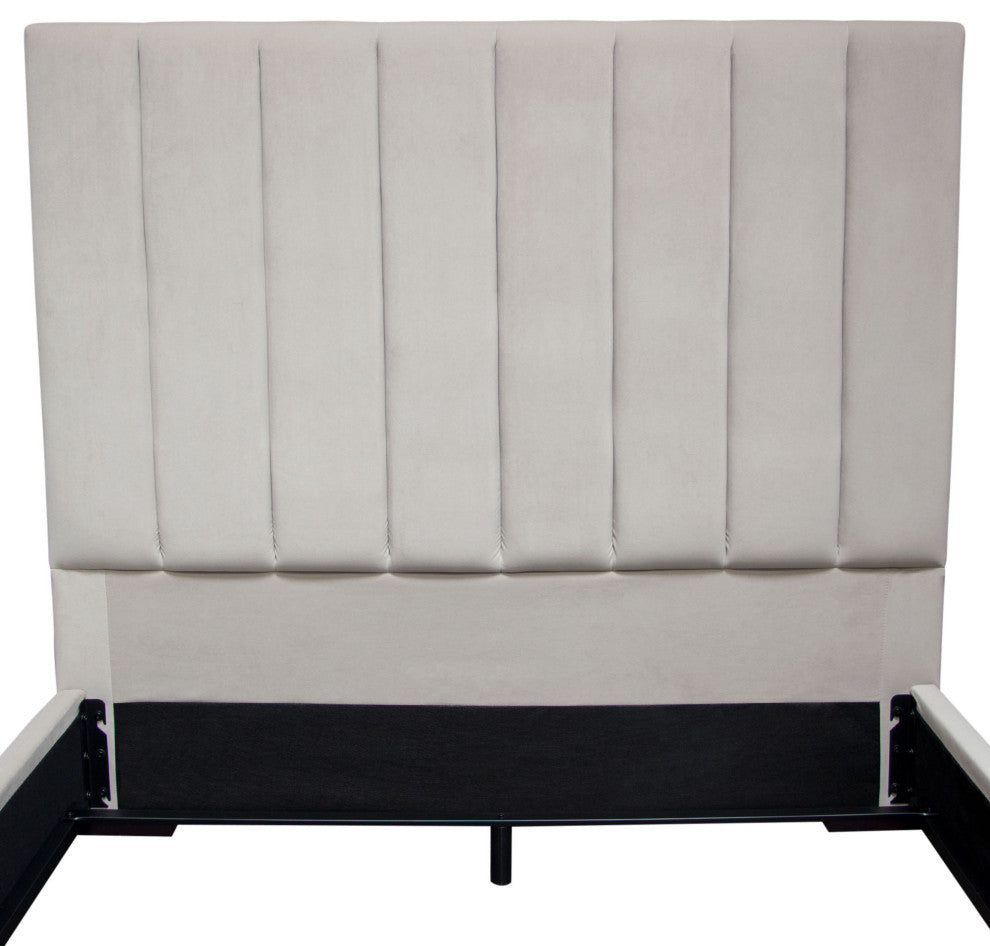 Venus Vertical Channel Tufted Queen Bed in Light Grey Velvet