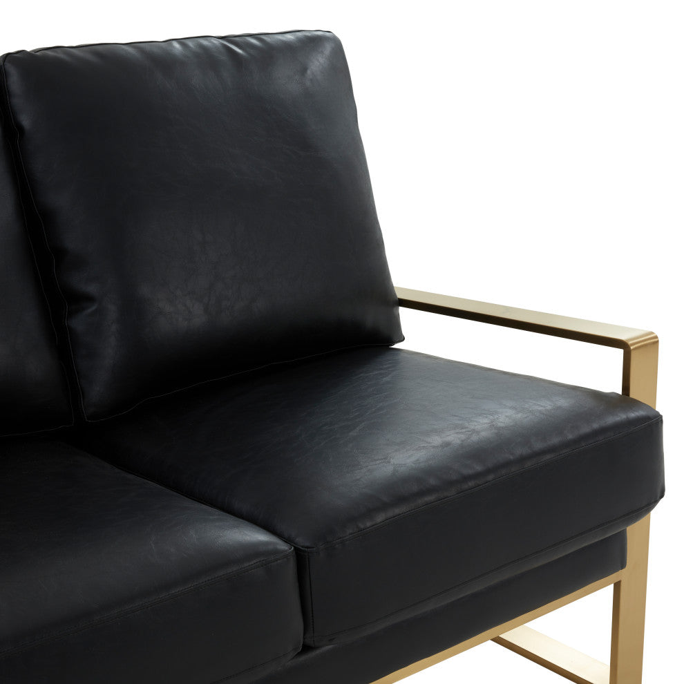 LeisureMod Jefferson Leather Modern Design Loveseat With Gold Frame, Black