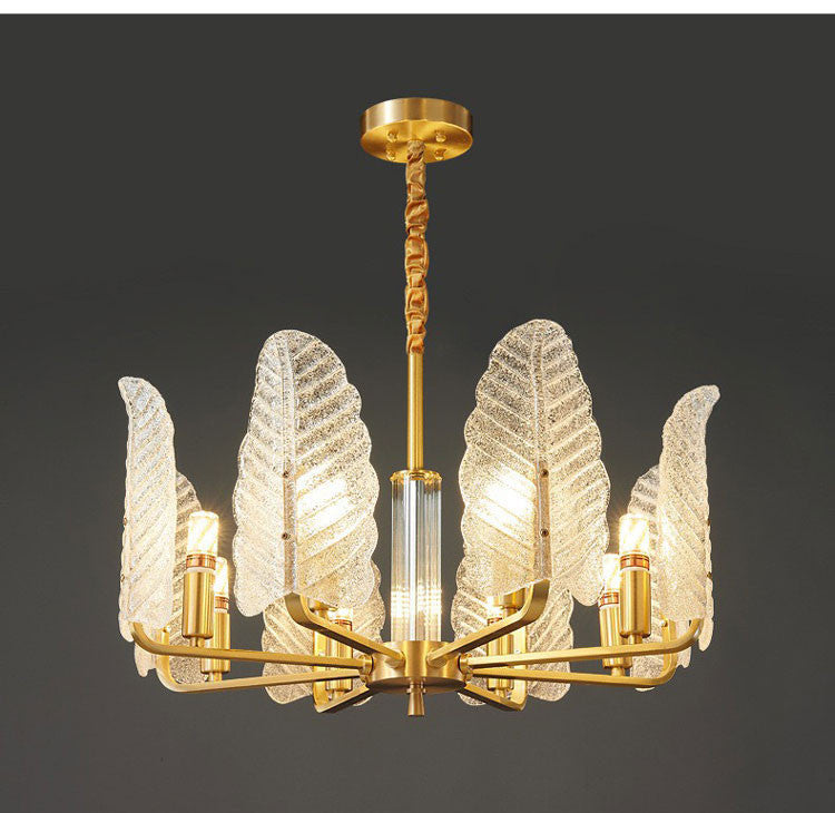 Lyss | Luxury Brass Chandelier with Leaves of Frosted Glass for Living Room, 8 Lights