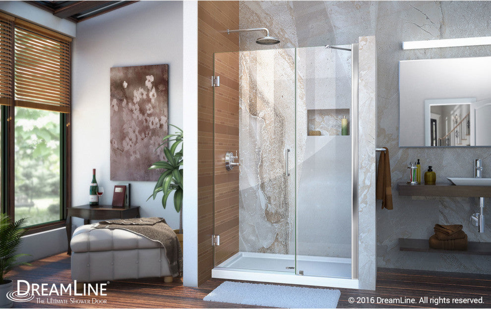 DreamLine Unidoor 44" to 45" Frameless Hinged Shower Door, Clear Glass, Chrome