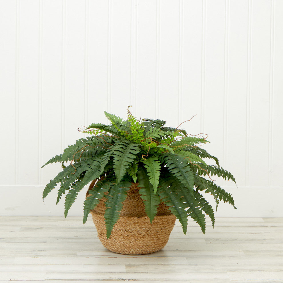 23in. Artificial Boston Fern Plant with Handmade Jute & Cotton Basket DIY KIT
