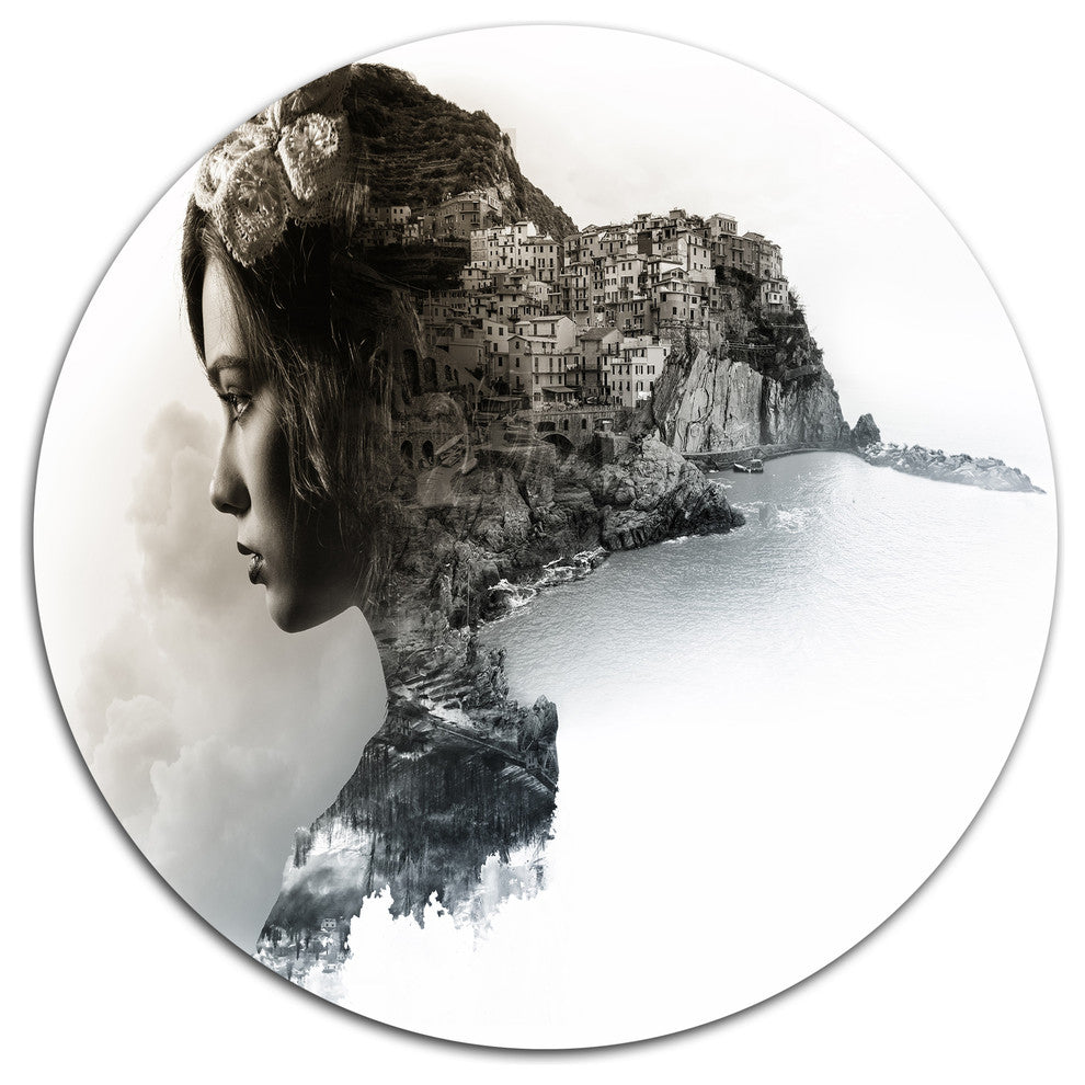 Stylish Woman And View Of Manarola, Portrait Round Metal Wall Art, 23"