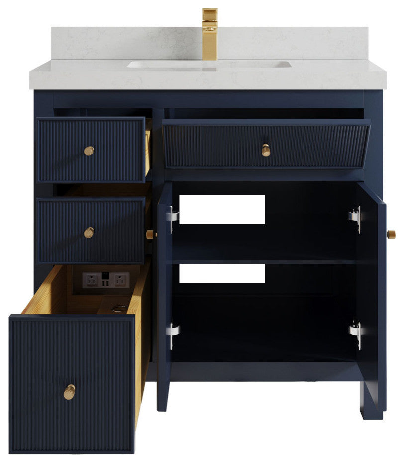 Sonoma 36 Center Sink Reeded Bath Vanity in Hale Navy Blue 2" Carrara Quartz