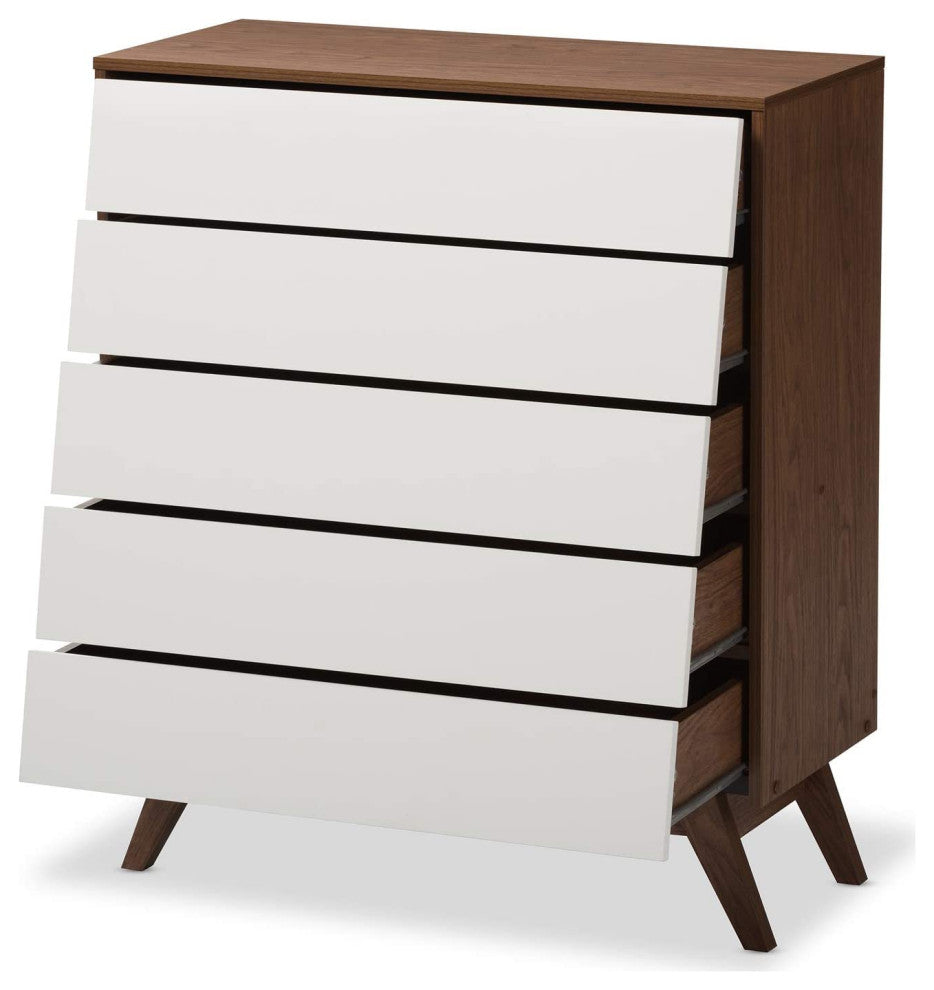 Mid-Century Modern White and Walnut Wood 5-Drawer Storage Chest