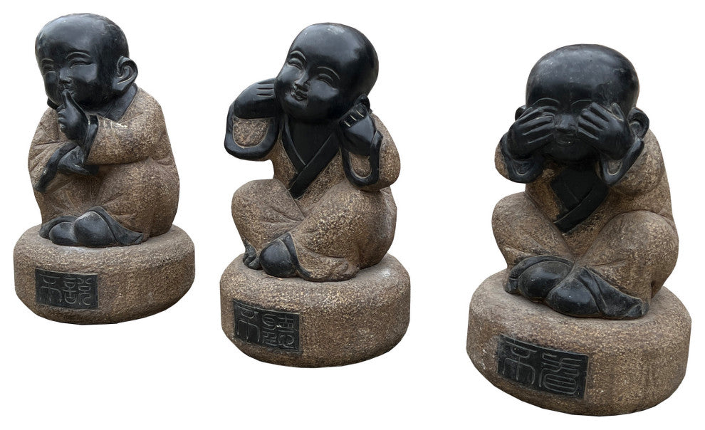 Small Set 3 Black Gray Brown Stone Kid Monk Lohon Do No Evil Figures Hcs7658B