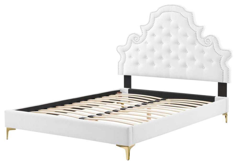 Tufted Platform Bed Frame, King Size, Velvet, White, Modern Contemporary