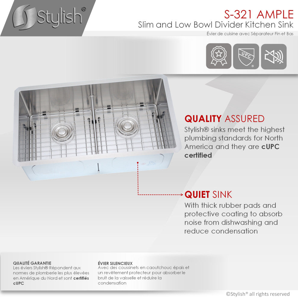 STYLISH 32"L x 18"W Stainless Steel Low Divider Undermount Kitchen Sink