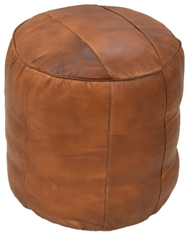 Geometric Handmade Leather Pouf, Recycled Foam With Fiber Fill, Cognac Color, Round, 16x16x16