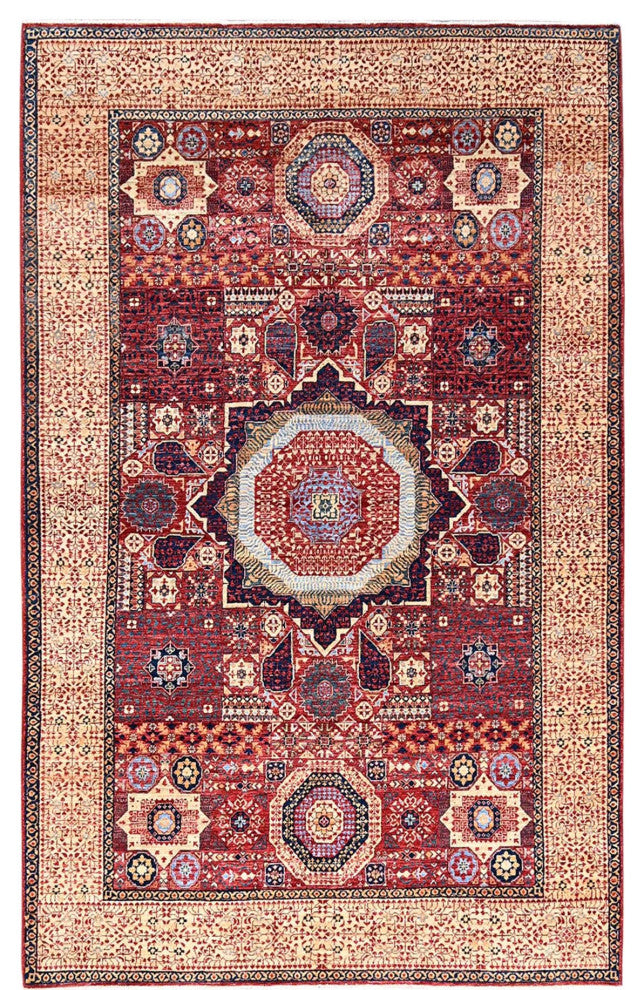 Vermilion Red Hand Knotted Mamluk Design 200 KPSI Natural Wool Rug 5'9"x9'7"