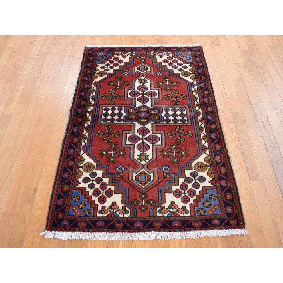 Cardinals Red New Persian Hamadan Pure Wool Hand Knotted Rug 3'5" x 5'3"