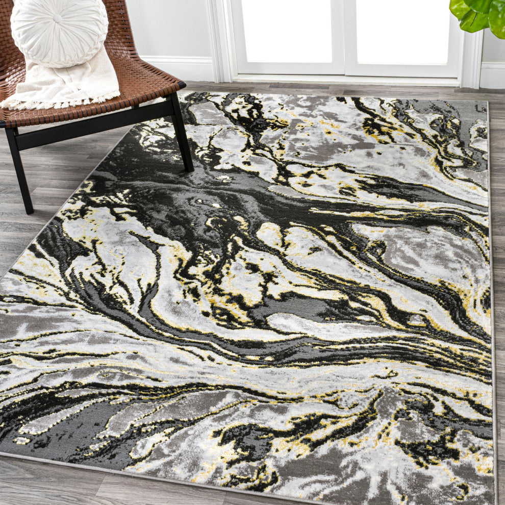 Swirl Marbled Abstract Area Rug, Black/Yellow, 3 X 5