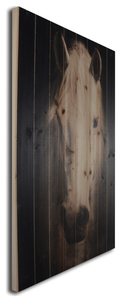 White Horse With Black Background Wood Plank Wall Art