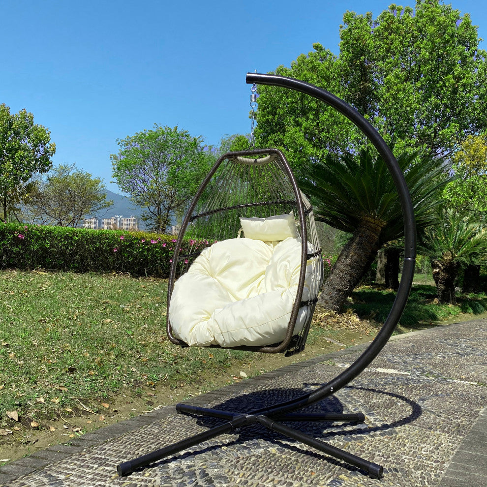 Outdoor Patio Wicker Folding Swing Chair Hanging With Bracket and Cushion Pillow
