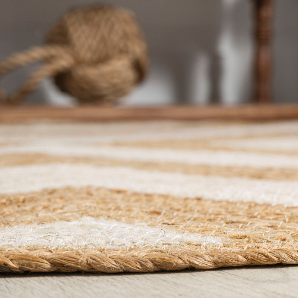 Piper Two-Tone Chevron Round Jute Round Area Rug, Cream/Natural, 5' Round