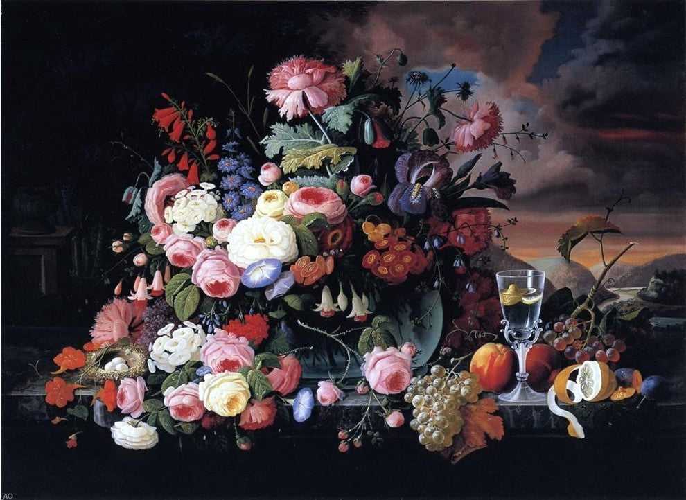 Severin Roesen Still Life of Flowers and Fruit Wrapped Canvas, 21"x28"