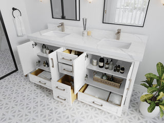 Boston 72 Double Sink Bath Vanity in White 2" Calacatta Nuvo