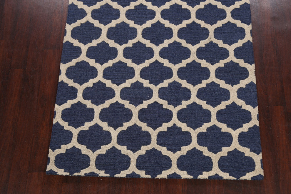 Navy Blue Trellis Contemporary Oriental Area Rug Hand-tufted Wool Carpet 5x8