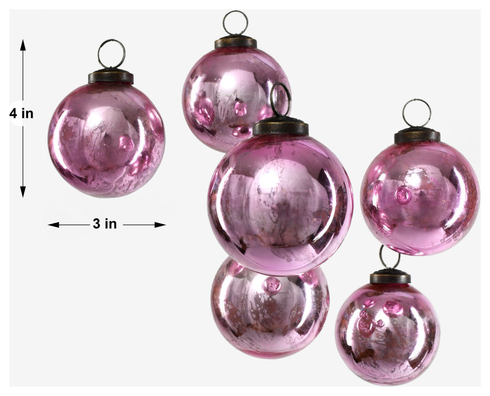 Set of 6 Antique Rose Pink Glass Ball Ornament in Window Box, 4"x3"