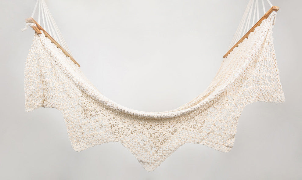 Boho Natural Cotton Hammock With Geometric Fringe, Wooden Bar