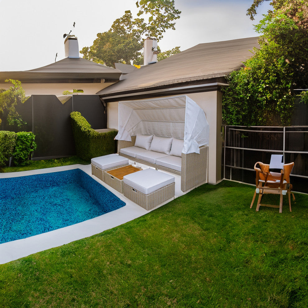 Outdoor Wicker Patio Sofa, Canopy and Ottoman Set