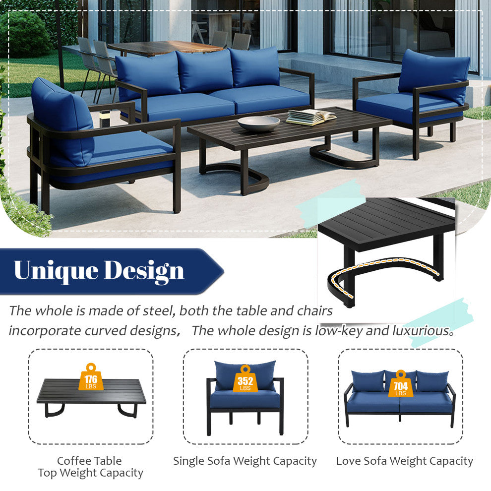 4-Piece Outdoor  Steel Patio Sectional with Table and Cushions, Blue