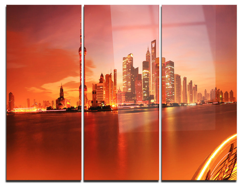 "Shanghai Lujiazui Skyline" Photography Metal Wall Art, 3 Panels, 36"x28"