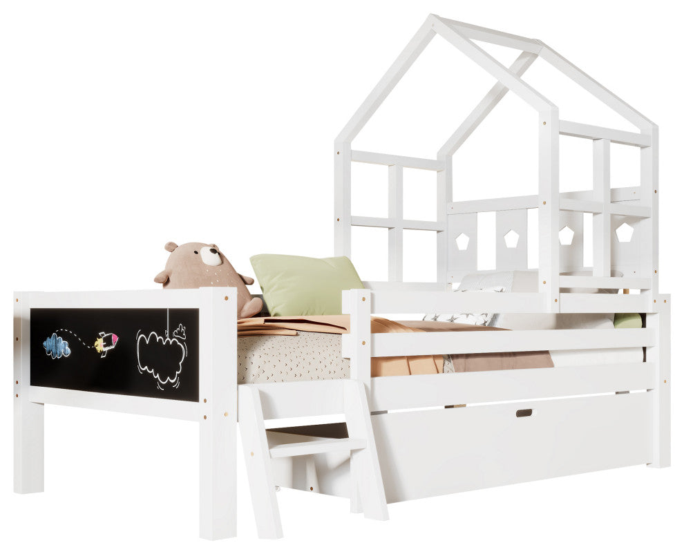 Gewnee Twin Size House Bed with Ladder and Storage Drawers for Kid Bedroom