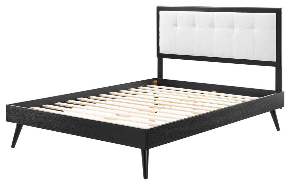 Platform Bed Frame, Queen Size, Fabric, Wood, Black White, Modern Mid-Century