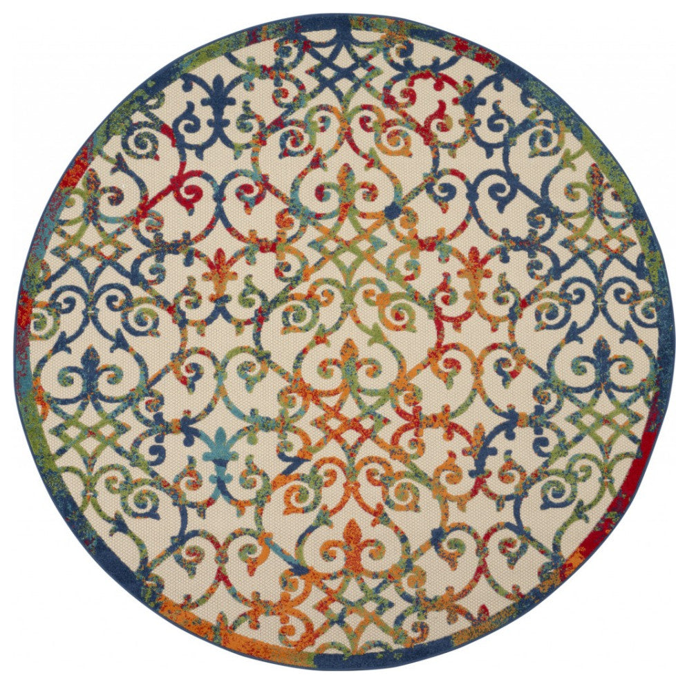 8' Round Ivory And Blue Round Floral Indoor Outdoor Area Rug