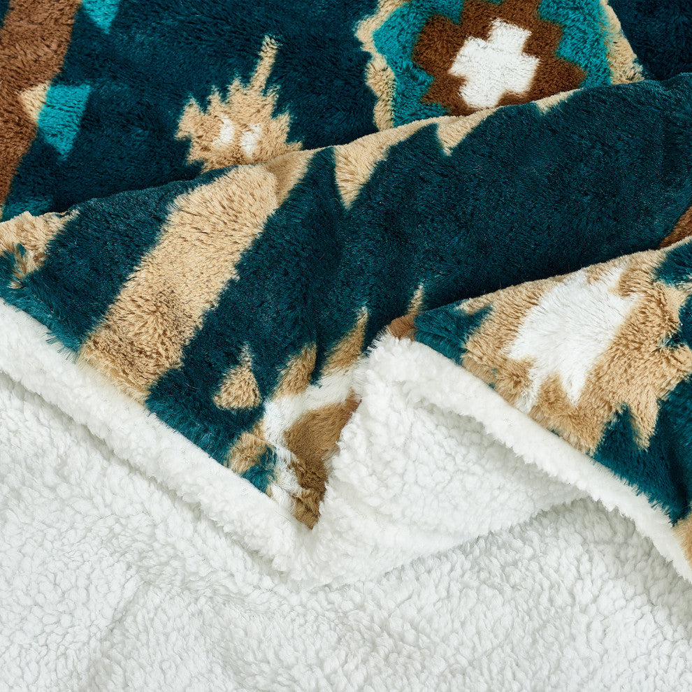 Southwest Blanket With Sherpa Backing, 90"x96", Deep Teal