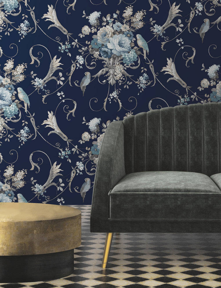 Parrots with Floral Bouquets Navy Peel and Stick Wallpaper
