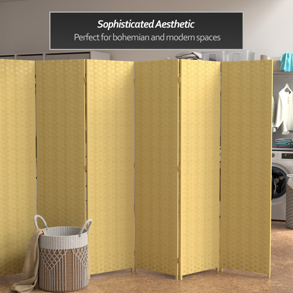 6' Tall Woven Fiber Room Divider, 6 Panel, Dark Beige