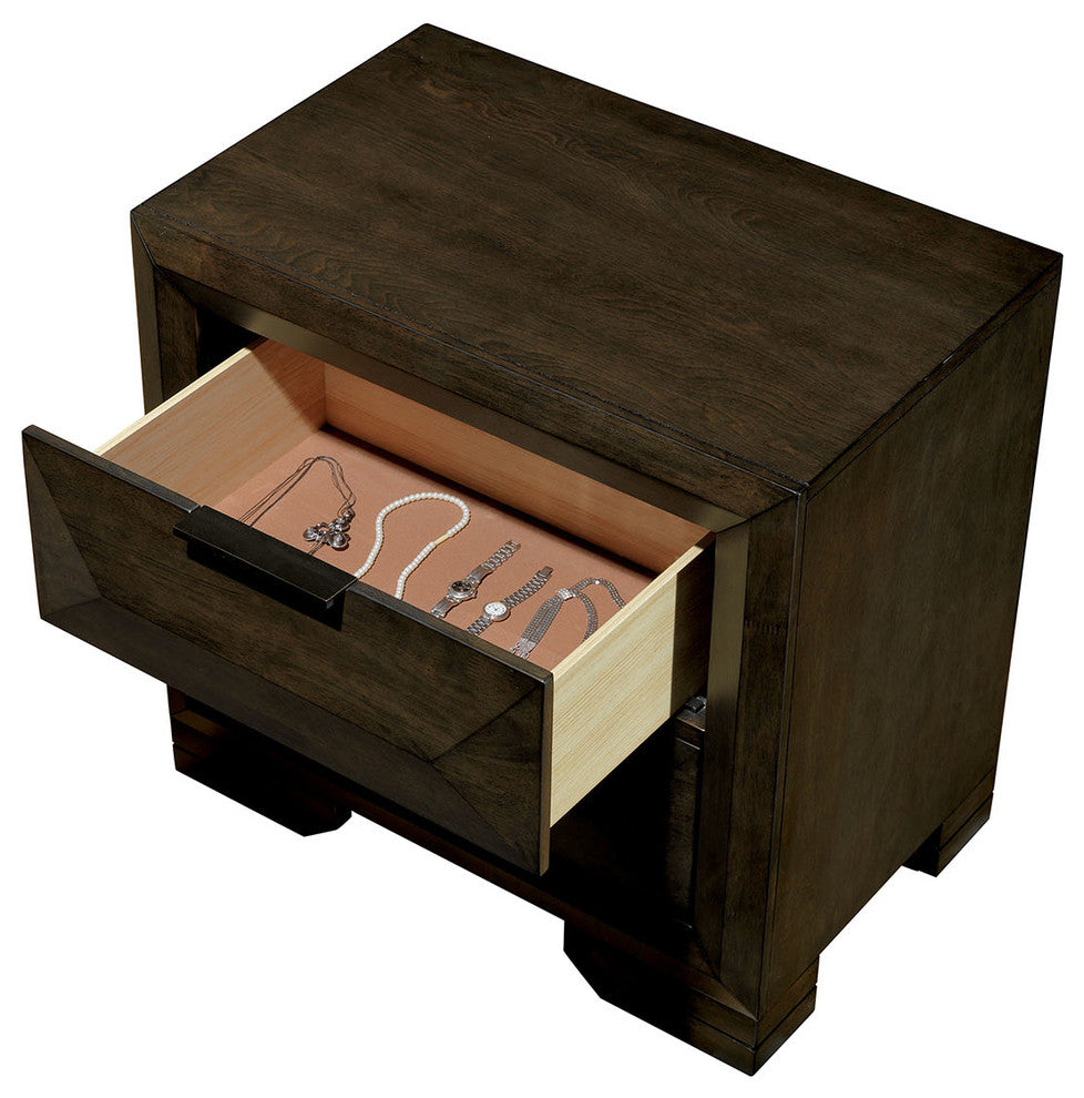 Contemporary Wood Night Stand With Felt-Lined Top Drawers, Espresso Brown