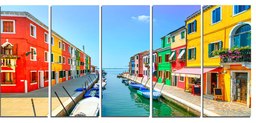 Colorful Burano Island Canal Venice, Landscape Canvas Art, 60"x28", 5 Panels