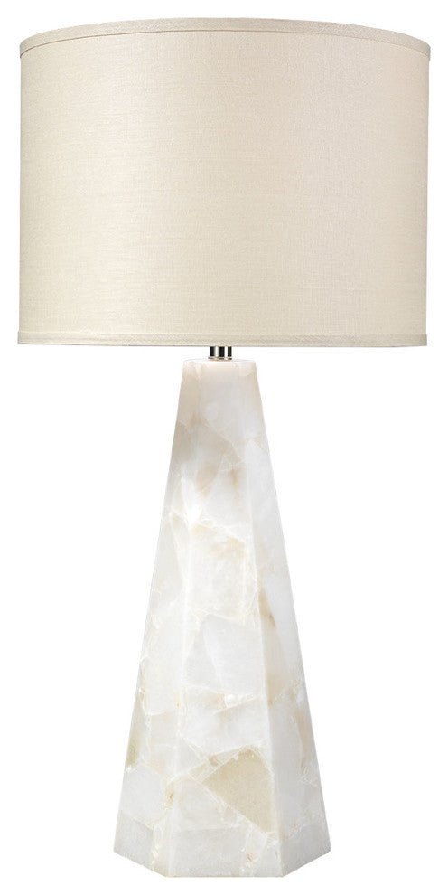 Borealis Hexagon Table Lamp, Alabaster With Large Drum Shade, Stone Linen