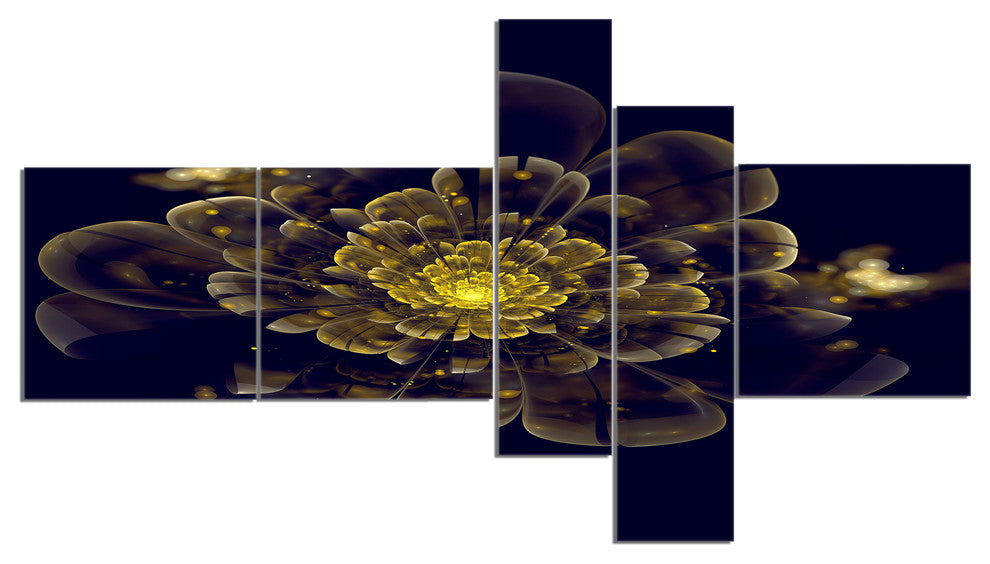 Golden Metallic Fractal Flower, Abstract Print On Canvas, 60"x32", 5 panels