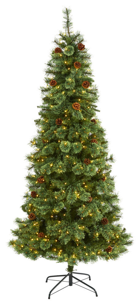 7' White Mountain Pine Faux Xmas Tree With 400 Clear LED Lights and Pine Cones