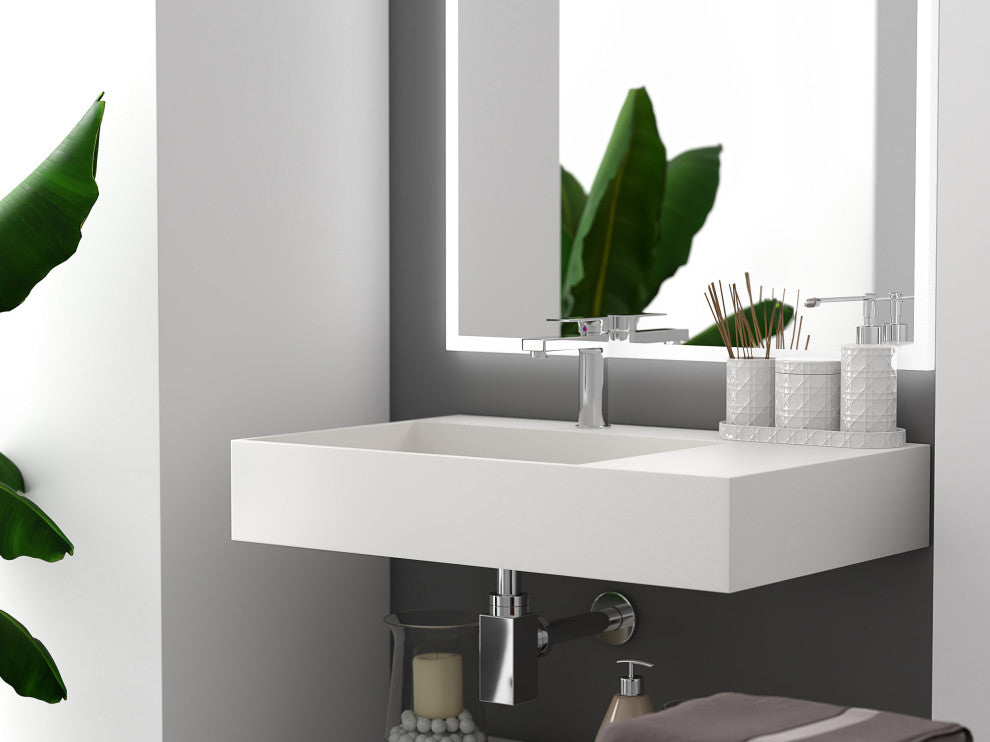 CastelloUSA Juniper Wall Mounted Countertop Concealed Drain Basin Sink, White, 30", Left Basin, Standard