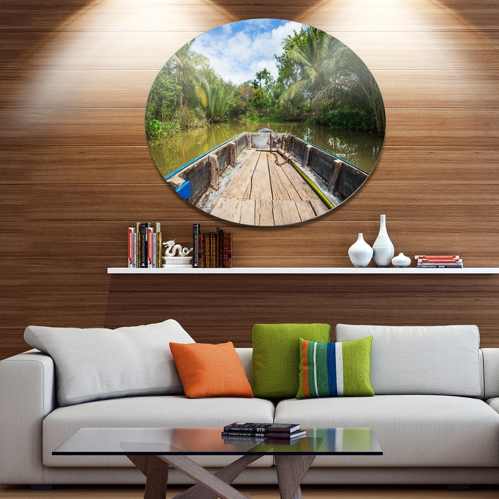 Boat In Mekong River Vietnam, Landscape Round Wall Art, 23"