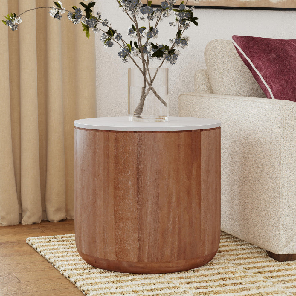 Kosas Home Josie 22" Solid Wood and Marble Round End Table, Brown