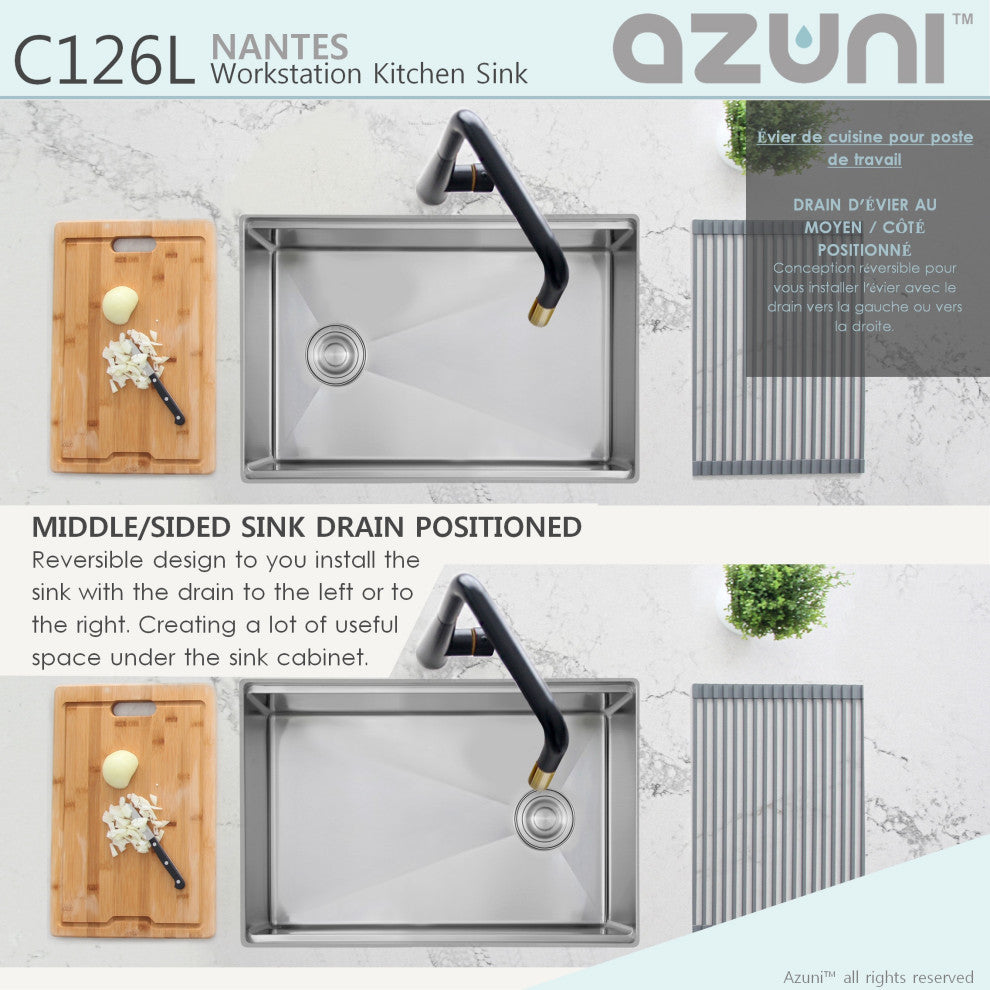AZUNI 25"L x 19"L Single Bowl Undermount 16G Reversible Workstation Kitchen Sink