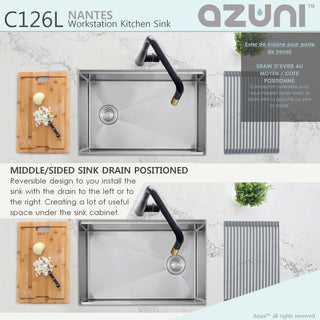 AZUNI 25"L x 19"L Single Bowl Undermount 16G Reversible Workstation Kitchen Sink