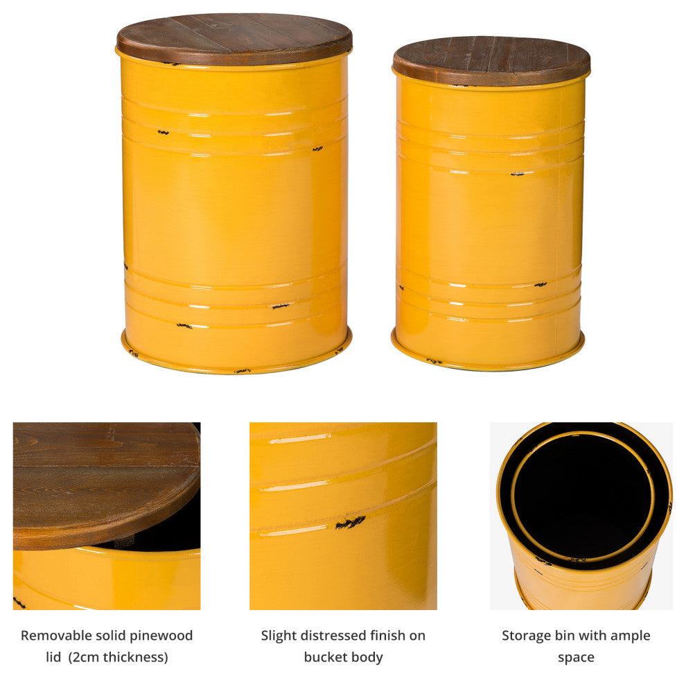 Farmhouse Metal With Solid Wood Seat Storage Stool, Set of 2, Yellow