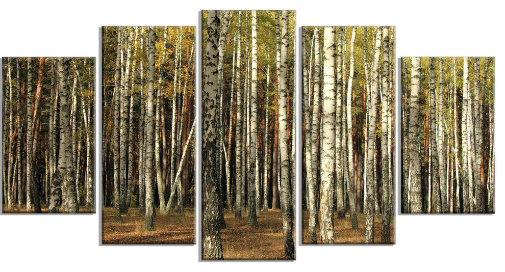Green Fall Forest with Thick Trees, Forest Canvas Art Print, 60"x32", 5 Panels
