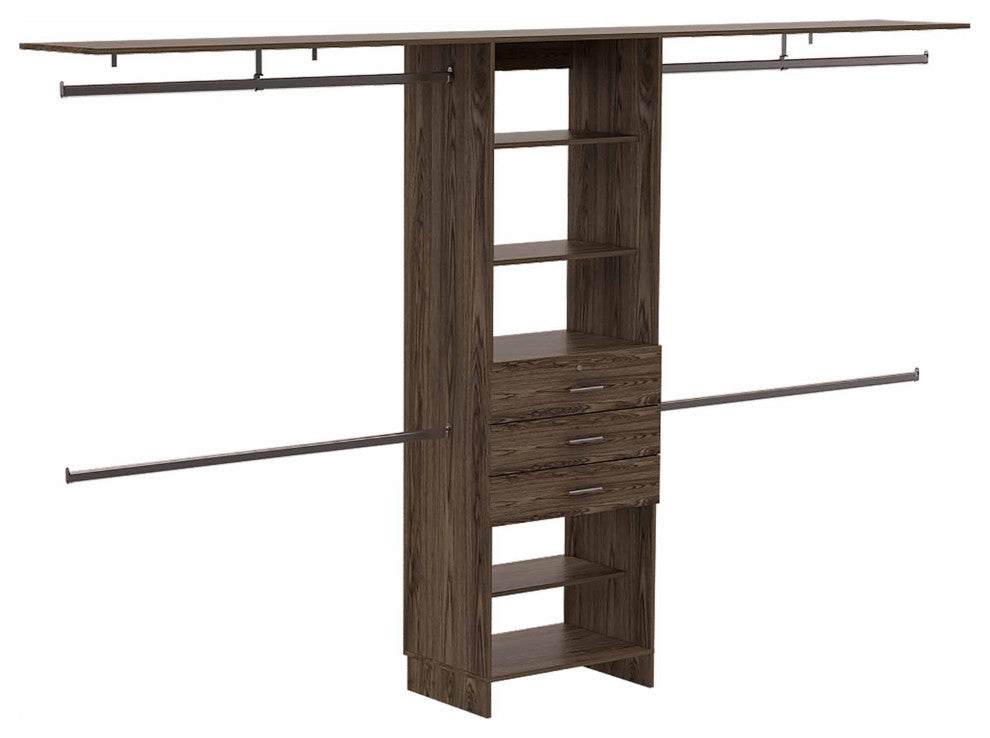 Pittsburg Drawer Closet with 5 Open Shelves, 4 Rods, and 3 Drawers,Dark Walnut
