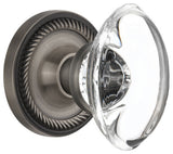 Single Rope Rosette With Oval Clear Crystal Knob, Antique Pewter