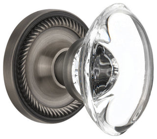 Single Rope Rosette With Oval Clear Crystal Knob, Antique Pewter